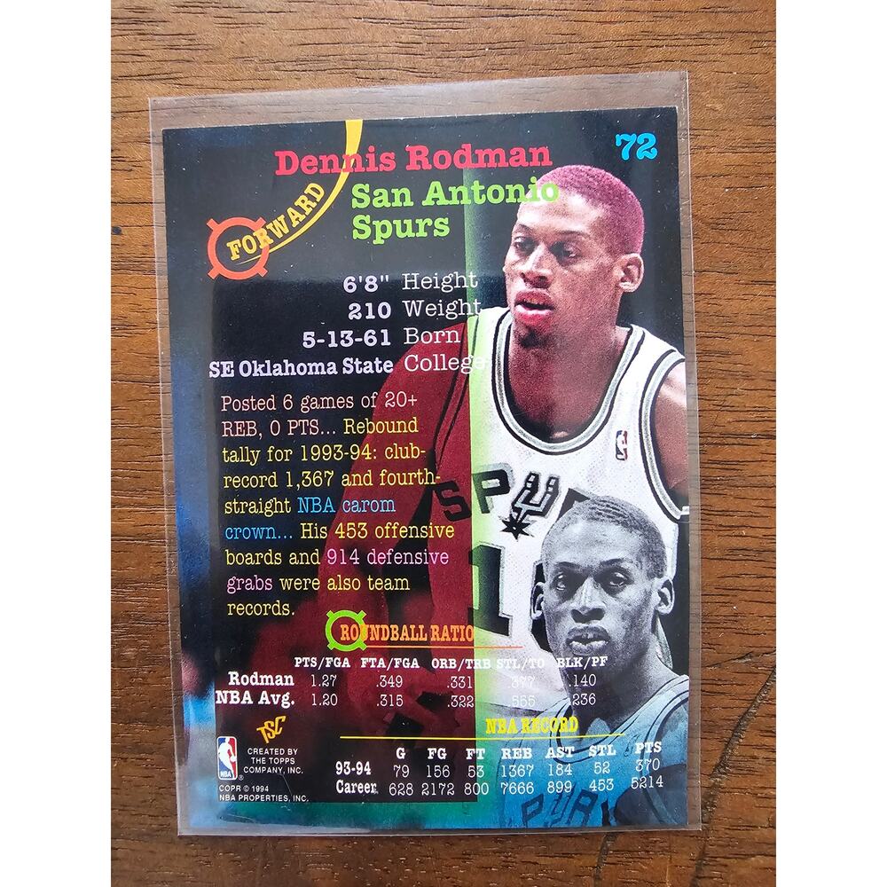 Dennis Rodman 1994-1995 Topps Stadium Club (TSC) #72 - Spurs - NBA - Fresh Pull - Picture 2 of 2